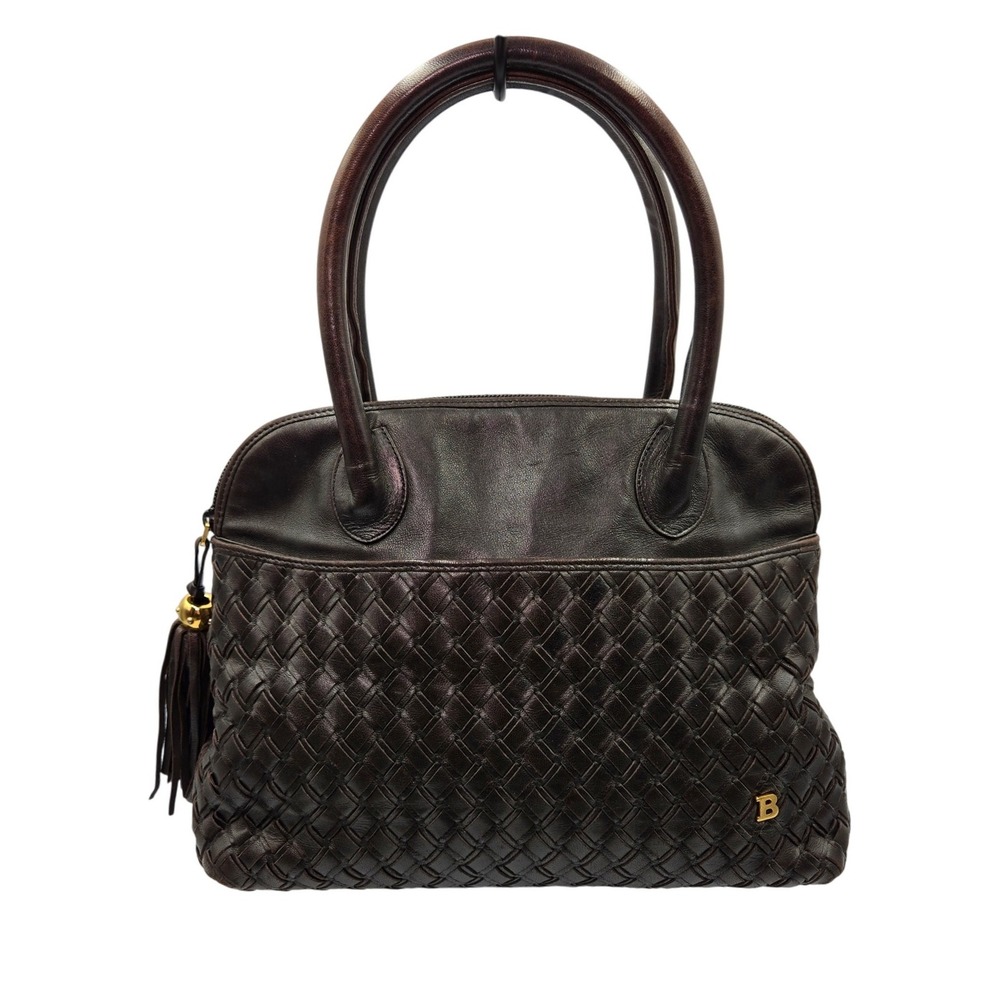 Bally Dark Brown Woven Leather Tassel Satchel‎ Handbag Made in Italy